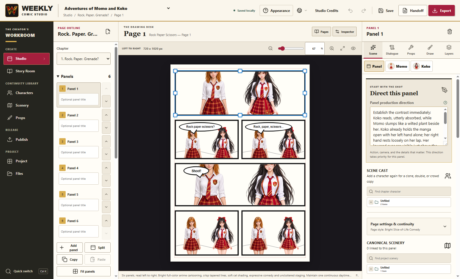 Momo and Koko in the Weekly Comic Studio page editor, version 3.8.34
